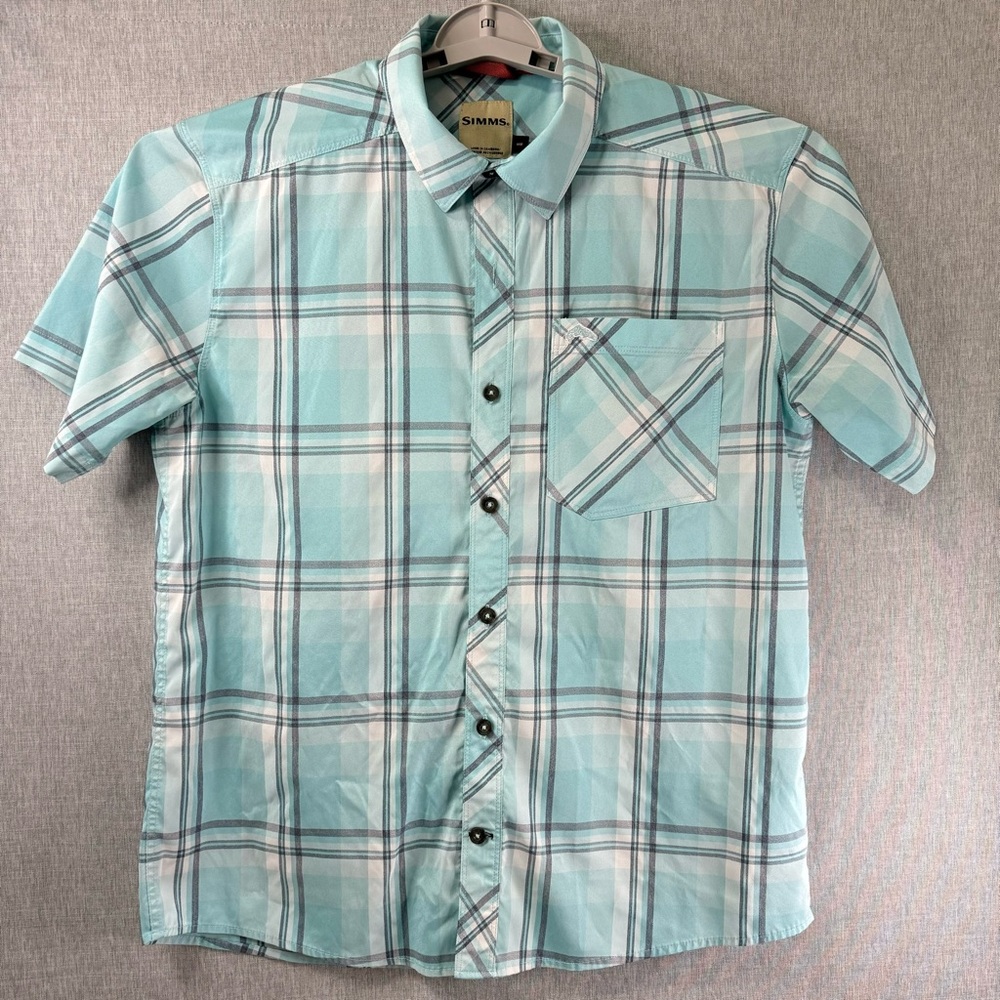 Mens Simms Medium Blue Plaid Button Down Shirt Spandex-Nylon Blend/Fishing